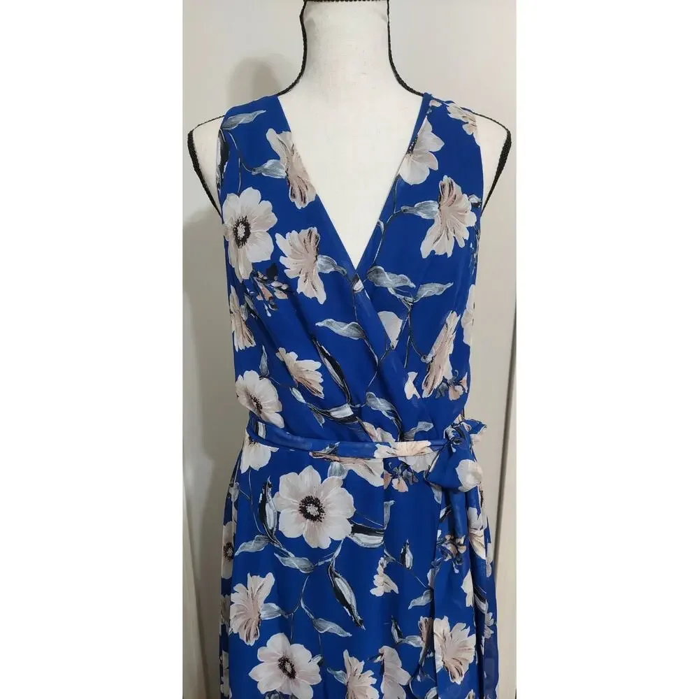 Jessica Howard Missy 14 Blue Floral Chiffon Faux-Wrap Midi Dress Ruffle Tie NWT